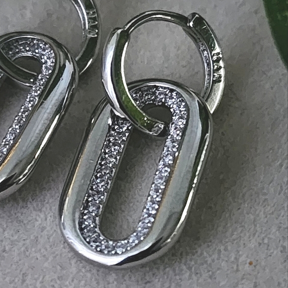 Silver White Gold Filled Link Huggie Hoop Earrings - Picture 3 of 7